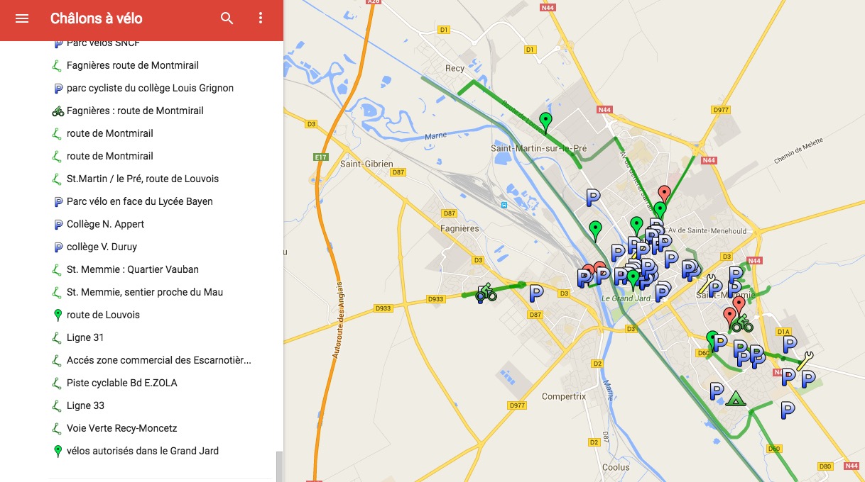 Carte des pistes cyclables de Châlons-en-Champagne (51)